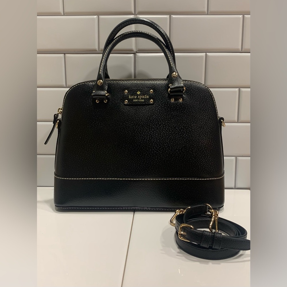 Kate Spade 2 Way Handbag W/ Shoulder Strap Black Leather Lined Contrast Stitch